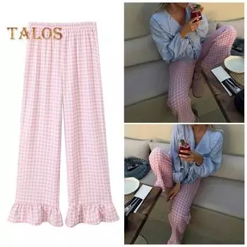 Женские повседневные брюки с эластичной талией, клетчатый принт, длинные брюки с рюшами по краю, прямые широкие брюки L розовый