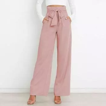 Женские повседневные брюки с эластичной высокой талией на шнуровке, длинные брюки с карманами, широкие офисные женские брюки, уличная одежда M розовый