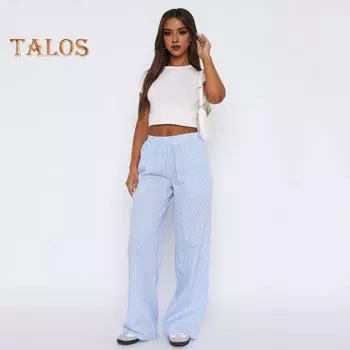 Женские повседневные брюки с эластичной высокой талией и принтом в вертикальную полоску, длинные брюки с карманами, прямые повседневные брюки с широкими штанинами, уличная одежда S розовый