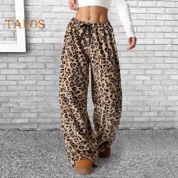 Женские повседневные брюки с эластичным поясом и завязками на шнурке, пижамные штаны с леопардовым принтом, широкие брюки для дома M