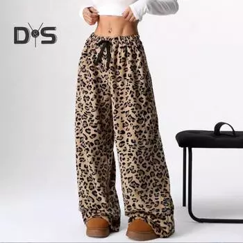Женские повседневные брюки с эластичным поясом и завязками на шнурке, пижамные штаны с леопардовым принтом, широкие брюки для дома XL