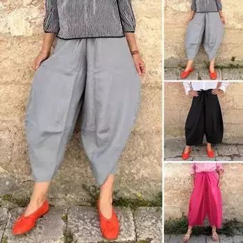 Женские повседневные брюки с эластичным шнурком на талии, однотонные, свободного кроя, шаровары с карманами, укороченные брюки с широкими штанинами M розы красного