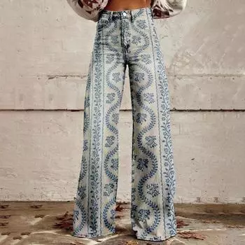 Женские повседневные брюки с цветочным принтом 3D, расклешенные брюки с высокой талией, джинсы больших размеров с застежкой-молнией на пуговицы и карманами, брюки Lojng для свиданий XL