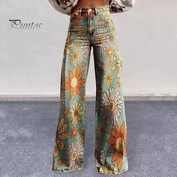 Женские повседневные брюки с цветочным принтом 3D, расклешенные брюки с высокой талией, джинсы больших размеров с застежкой-молнией на пуговицы и карманами, брюки Lojng для свиданий XL