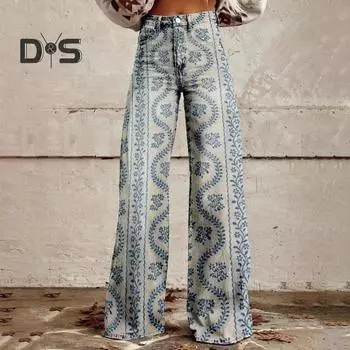 Женские повседневные брюки с цветочным принтом 3D, расклешенные брюки с высокой талией, джинсы больших размеров с застежкой-молнией на пуговицы и карманами, брюки Lojng для свиданий XL