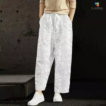 Женские повседневные брюки с карманами, эластичной талией, однотонные, свободные, длинные брюки L белый