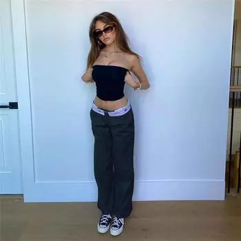 Женские повседневные брюки с контрастным принтом и низкой талией, узкие спортивные брюки на молнии с однотонным принтом для взрослых и карманами S чёрный