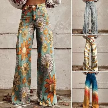 Женские повседневные брюки с красочным 3D-цветочным принтом, расклешенные брюки с высокой талией, большие размеры XL