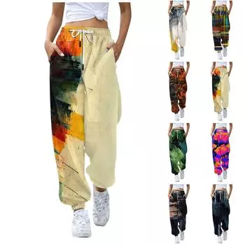 Женские повседневные брюки с кулиской и эластичной резинкой на талии с принтом каракулей L бежевый