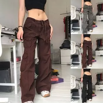 Женские повседневные брюки с низкой талией и карманами, прямые джинсовые брюки длиной до ног S чёрный