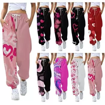 Женские повседневные брюки с принтом на День Святого Валентина и эластичной резинкой на талии XXXL горячий розовый