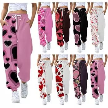 Женские повседневные брюки с принтом на День Святого Валентина и эластичной резинкой на талии XL чёрный