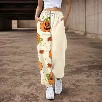 Женские повседневные брюки с принтом на Хэллоуин, эластичные брюки с завязками на талии M