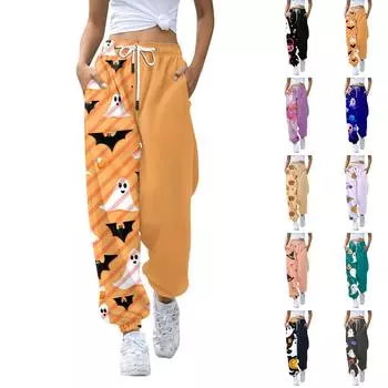 Женские повседневные брюки с принтом на Хэллоуин, эластичные брюки с завязками на талии L чёрный