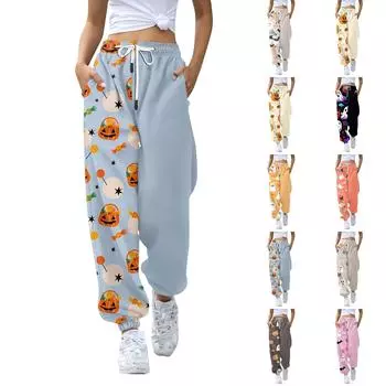 Женские повседневные брюки с принтом на Хэллоуин, эластичные брюки с завязками на талии L чёрный