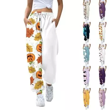 Женские повседневные брюки с принтом на Хэллоуин, эластичные брюки с завязками на талии L чёрный