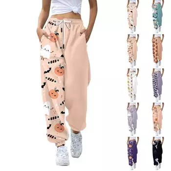 Женские повседневные брюки с принтом на Хэллоуин, эластичные брюки с завязками на талии L чёрный