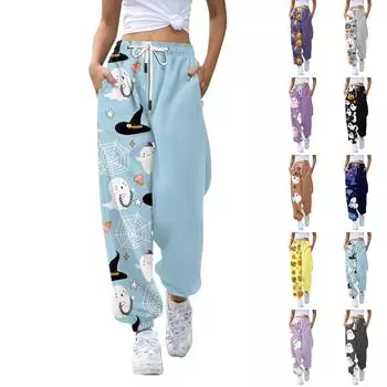 Женские повседневные брюки с принтом на Хэллоуин, эластичные брюки с завязками на талии L чёрный