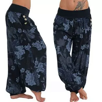 Женские повседневные брюки с принтом, широкие брюки, свободные брюки с карманами на пуговицах 2XL чёрный