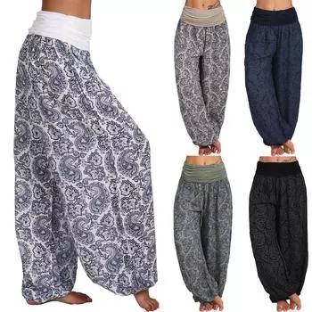 Женские повседневные брюки с принтом в стиле бохо, широкие брюки, свободные шаровары на пуговицах с карманами XXXXXL белый