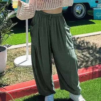 Женские повседневные брюки с прямой талией и широкими карманами, регулируемые брюки с эластичной завязкой, свободная посадка XL кофейный