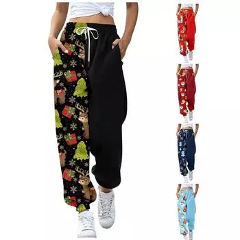 Женские повседневные брюки с рождественским принтом, брюки с эластичной резинкой на талии и карманами XXL чёрный