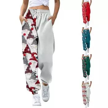 Женские повседневные брюки с рождественским принтом, брюки с эластичной резинкой на талии и карманами XXL синий