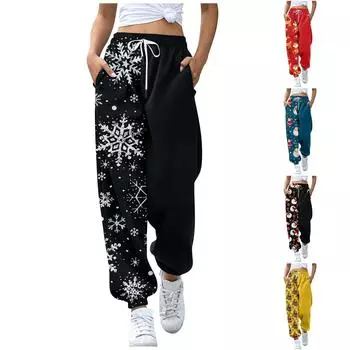 Женские повседневные брюки с рождественским принтом, брюки с эластичной резинкой на талии и карманами L чёрный