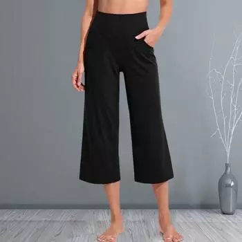 Женские повседневные брюки с широкими карманами на талии, однотонные укороченные брюки с эластичными яркими цветными свободными брюками для отдыха S чёрный