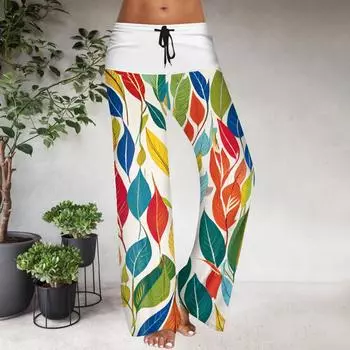 Женские повседневные брюки с широкими штанинами, эластичным поясом на кулиске, цветовой блок, с цветочным принтом L армия зеленый