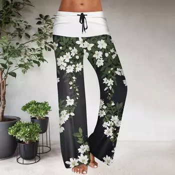 Женские повседневные брюки с широкими штанинами, эластичным поясом на кулиске, цветовой блок, с цветочным принтом L чёрный