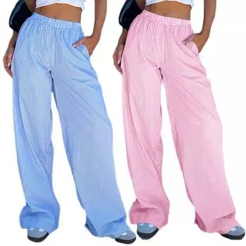 Женские повседневные брюки с вертикальной полосой, широкие брюки с высокой талией и карманами для работы и отдыха S розовый