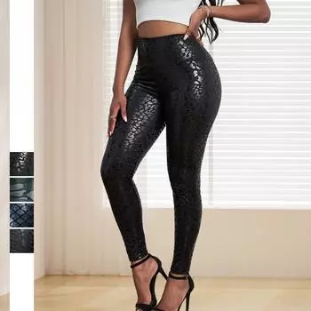Женские повседневные брюки с высокой талией и принтом, сексуальные обтягивающие леггинсы из кожи, женские леггинсы, осенний наряд, обтягивающие уличные кожаные брюки с принтом животных S чёрный