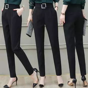 Женские повседневные брюки с высокой талией, костюмные брюки с металлическими пряжками и карманами, однотонные облегающие шаровары, рабочая одежда XL прохладный черный