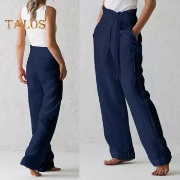 Женские повседневные брюки с высокой талией на шнуровке, однотонные свободные брюки, прямые широкие офисные женские брюки M абрикосовый