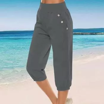 Женские повседневные брюки с высокой талией однотонные из хлопка и конопли тонкие дышащие леггинсы-корсет для ног 7/8 S серый