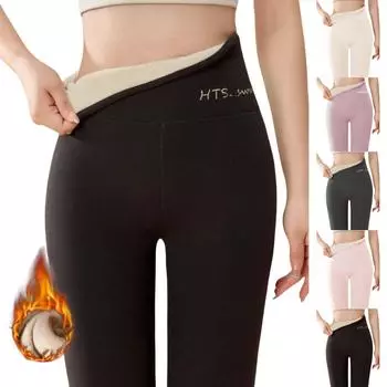 Женские повседневные брюки с высокой талией, однотонные флисовые термолеггинсы, зимние длинные флисовые брюки для бега из плюша S бежевый