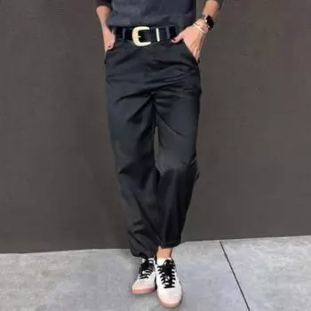 Женские повседневные брюки с высокой талией, однотонные, свободные брюки с карманами, универсальные M чёрный