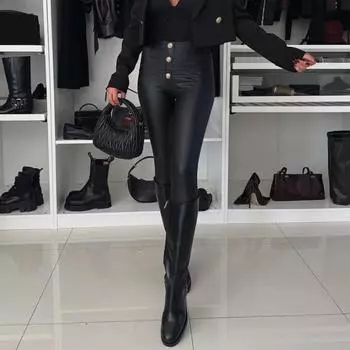 Женские повседневные брюки с высокой талией, плиссированные, с пуговицами, декорированные, узкие брюки однотонного цвета S чёрный