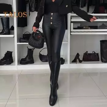 Женские повседневные брюки с высокой талией, плиссированные, с пуговицами, декорированные, узкие брюки однотонного цвета в уличном стиле S чёрный