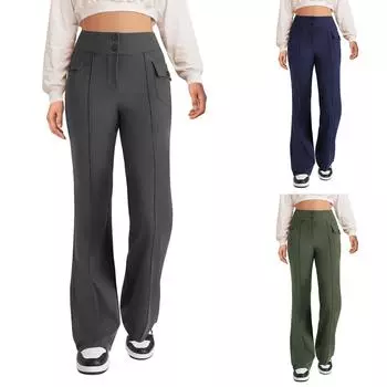Женские повседневные брюки с высокой талией, застегивающиеся на пуговицы, прямые брюки для работы в деловом стиле с боковыми карманами с клапанами L