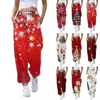 Женские повседневные брюки с завязками на резинке и рождественским принтом, спортивные штаны XXXL