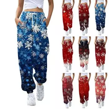 Женские повседневные брюки с завязками на резинке и рождественским принтом, спортивные штаны XXL
