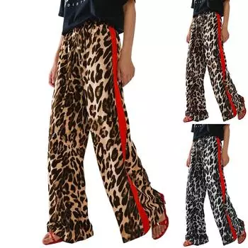 Женские повседневные брюки с завязками на шнурке, леопардовым принтом, цветными полосками по бокам, прямые широкие свободные брюки L коричневый
