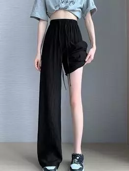 Женские повседневные брюки, широкие плиссированные брюки, женские летние тонкие, крутые, узкие, с высокой талией, с драпировкой, прямые, с шваброй ONE SIZE