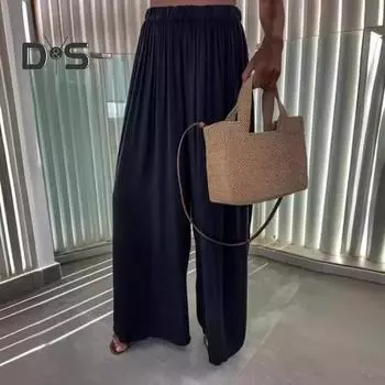 Женские повседневные брюки со средней посадкой и эластичной резинкой на талии, широкие брюки, однотонные спортивные свободные брюки длиной до пола, летние брюки L чёрный