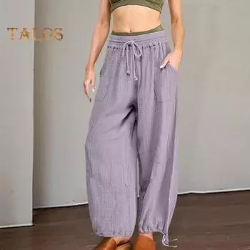 Женские повседневные брюки со средней посадкой и эластичной резинкой на талии, длинные брюки с карманами, однотонные широкие брюки, уличная одежда S зелёный