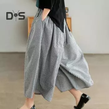 Женские повседневные брюки со средней посадкой и эластичной резинкой на талии, клетчатые брюки с принтом, юбка с усиленными карманами, широкие спортивные брюки 3XL чёрный