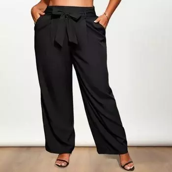 Женские повседневные брюки со средней посадкой на шнуровке, свободные длинные брюки с карманами, прямые широкие брюки, уличная одежда 5XL чёрный