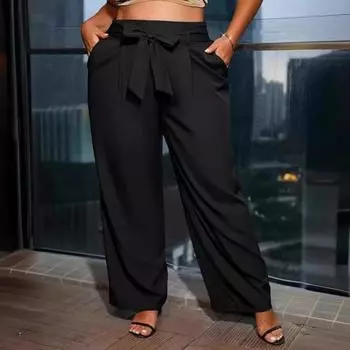 Женские повседневные брюки со средней посадкой на шнуровке, свободные длинные брюки с карманами, прямые широкие брюки 5XL чёрный